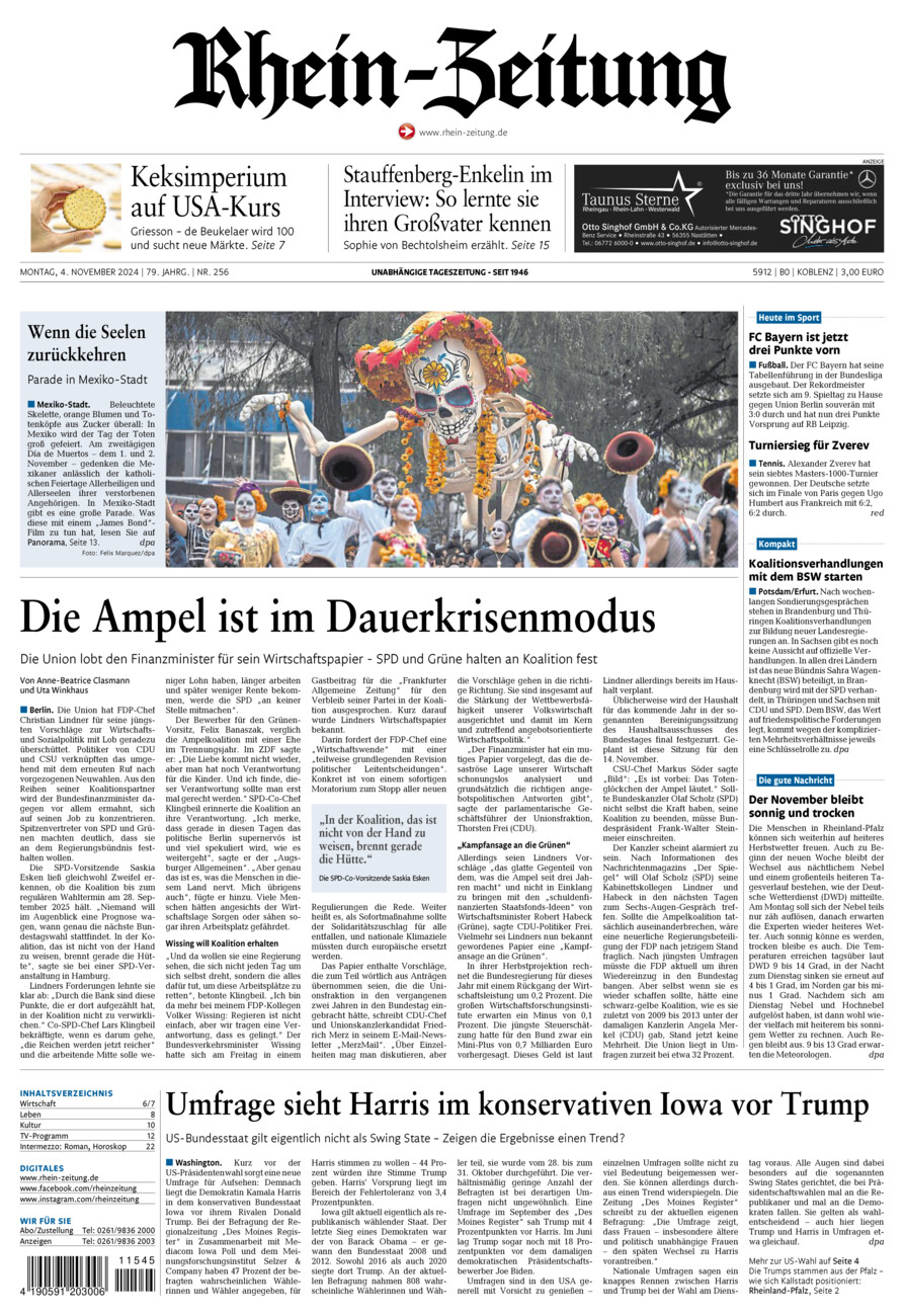 Rhein-Zeitung Koblenz & Region vom Montag, 04.11.2024