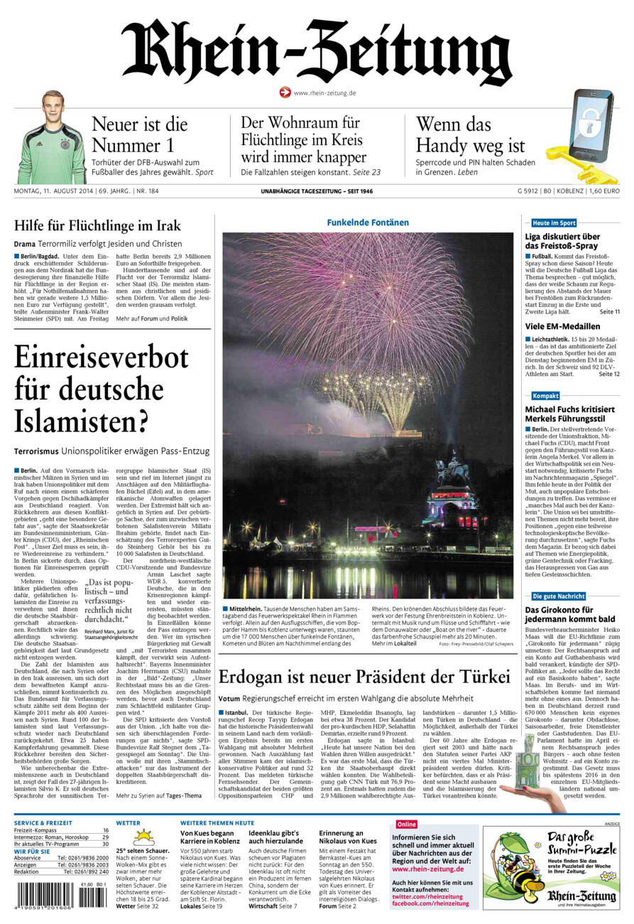 Rhein-Zeitung Koblenz & Region vom Montag, 11.08.2014