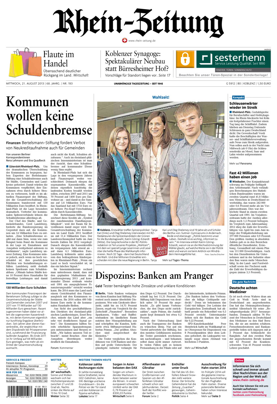 Rhein-Zeitung Koblenz & Region vom Mittwoch, 21.08.2013