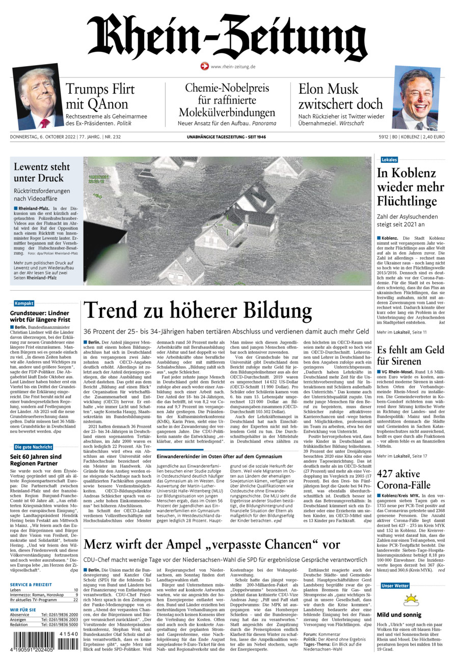 Rhein-Zeitung Koblenz & Region vom Donnerstag, 06.10.2022