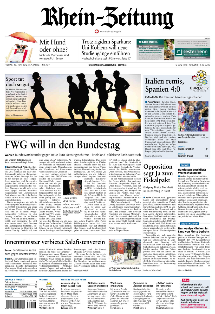 Rhein-Zeitung Koblenz & Region vom Freitag, 15.06.2012