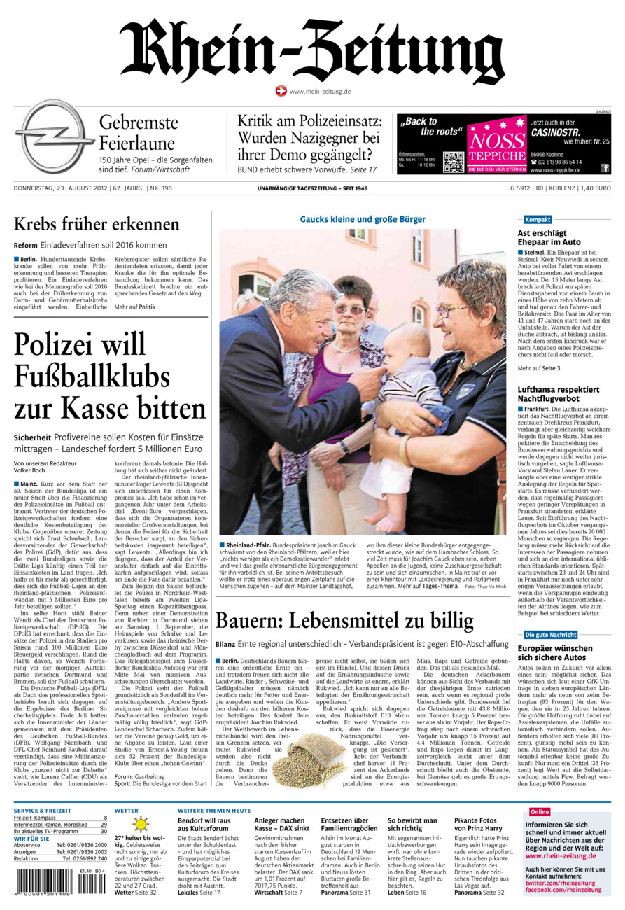Rhein-Zeitung Koblenz & Region vom Donnerstag, 23.08.2012