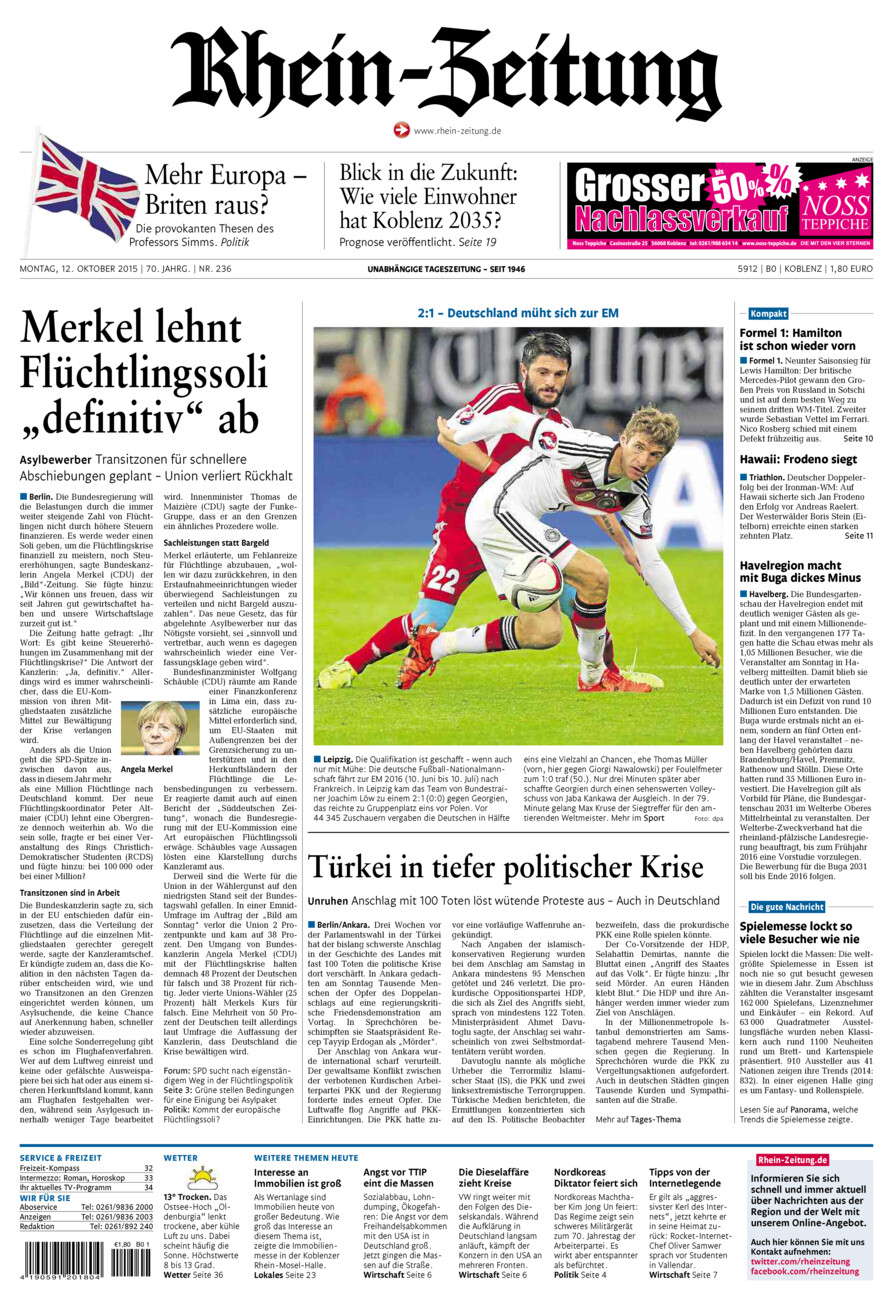 Rhein-Zeitung Koblenz & Region vom Montag, 12.10.2015