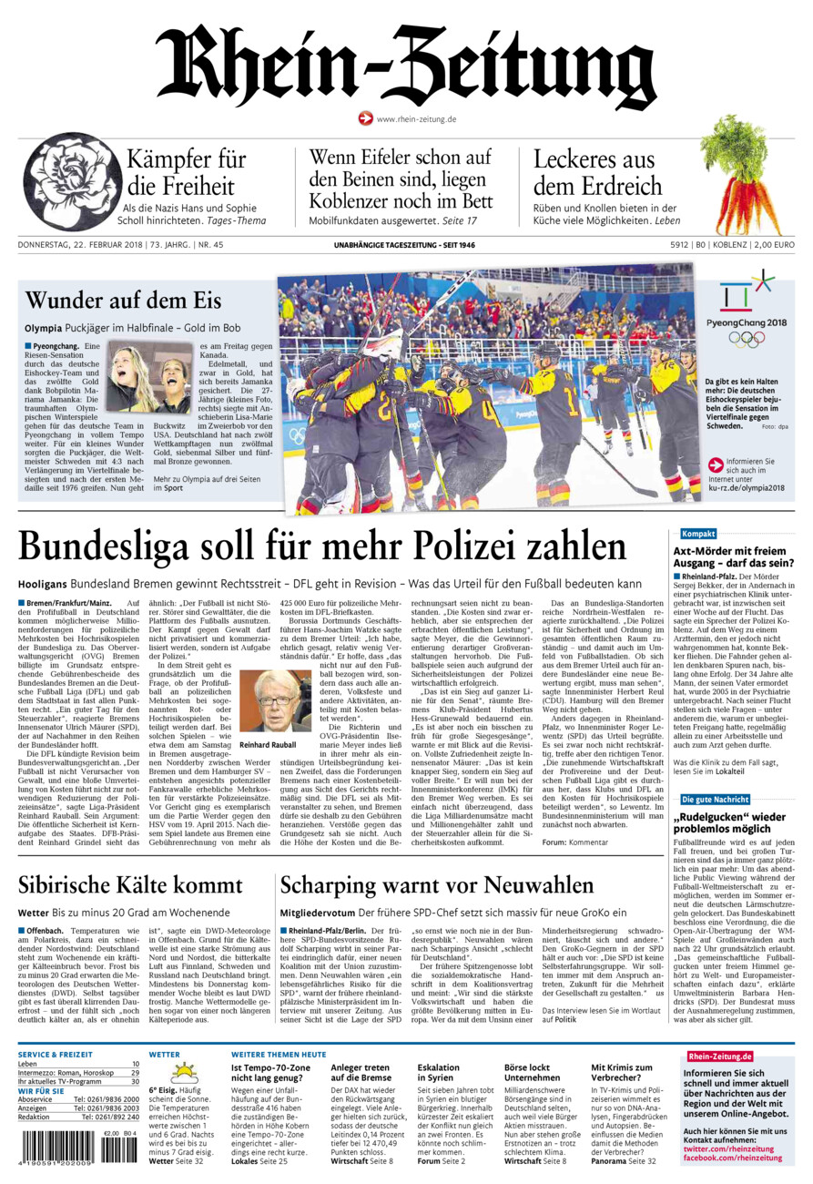 Rhein-Zeitung Koblenz & Region vom Donnerstag, 22.02.2018