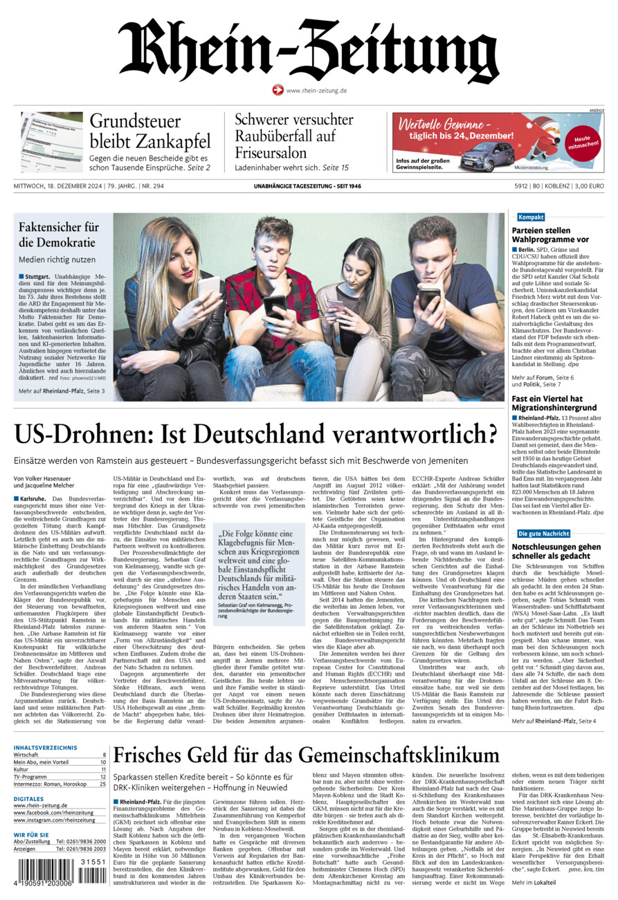 Rhein-Zeitung Koblenz & Region vom Mittwoch, 18.12.2024