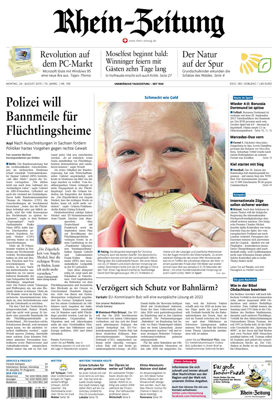 Rhein-Zeitung Koblenz & Region vom Montag, 24.08.2015