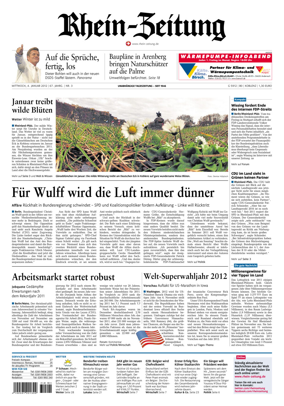 Rhein-Zeitung Koblenz & Region vom Mittwoch, 04.01.2012