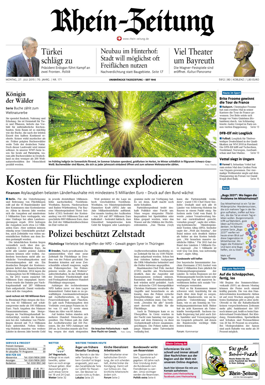 Rhein-Zeitung Koblenz & Region vom Montag, 27.07.2015