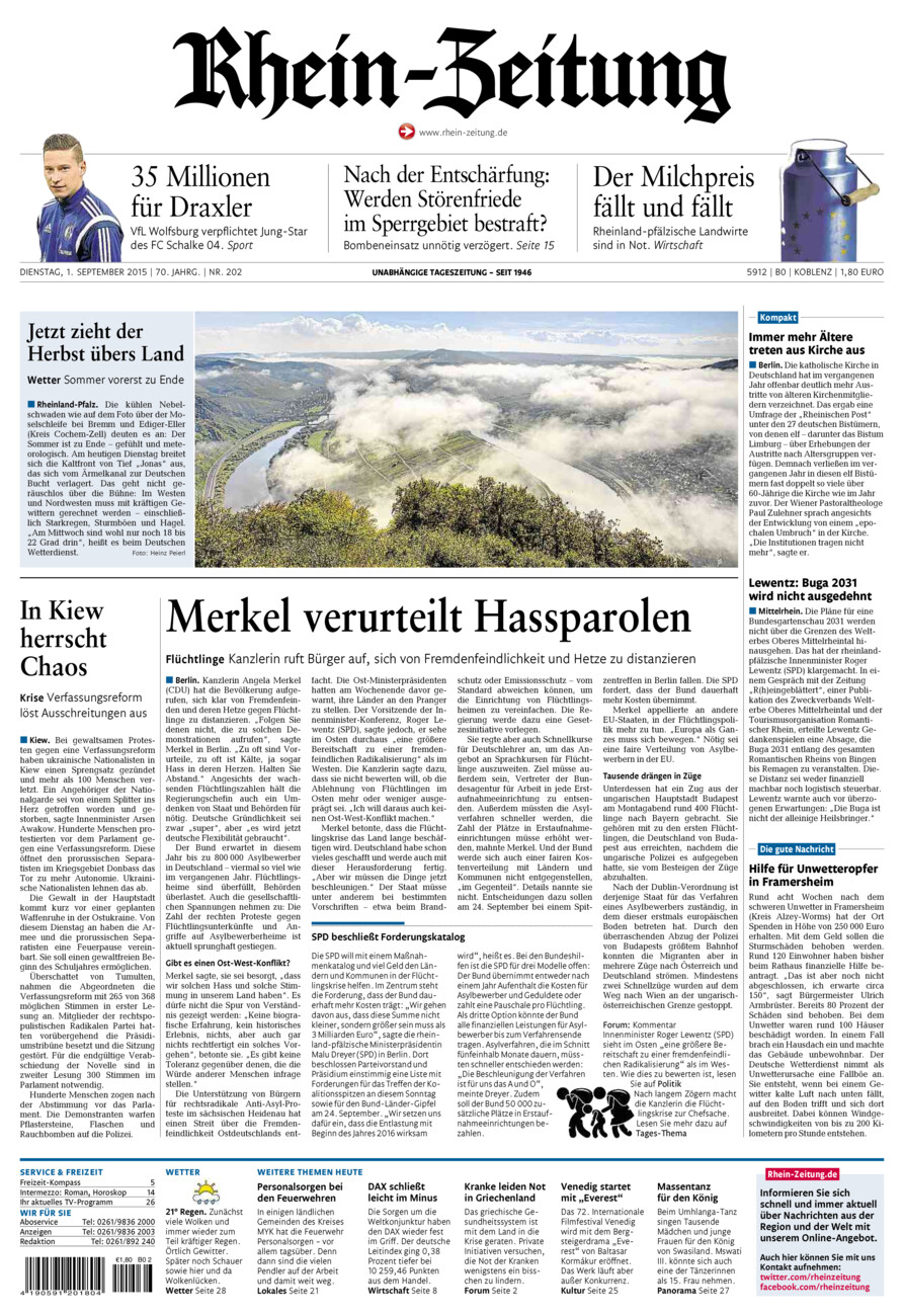 Rhein-Zeitung Koblenz & Region vom Dienstag, 01.09.2015