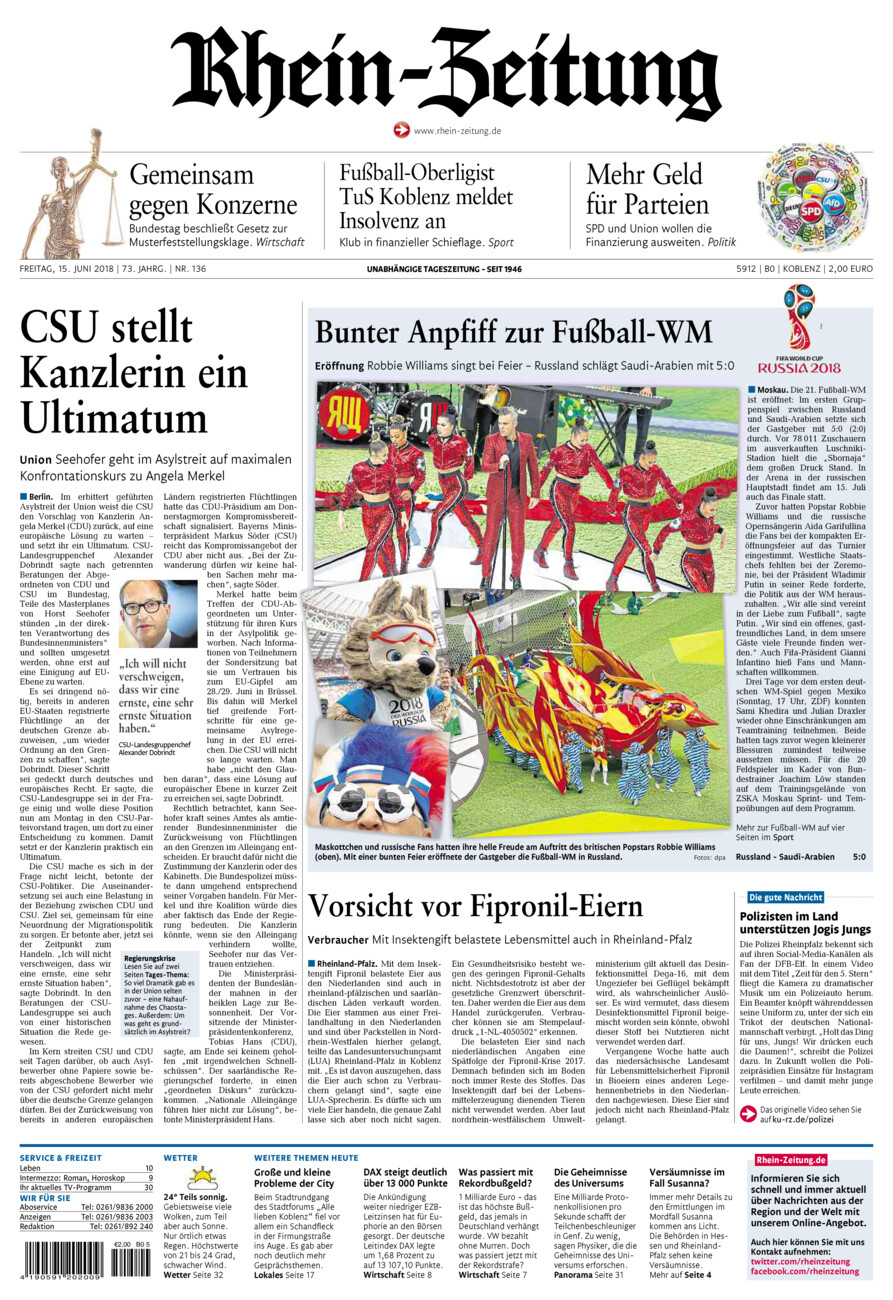 Rhein-Zeitung Koblenz & Region vom Freitag, 15.06.2018