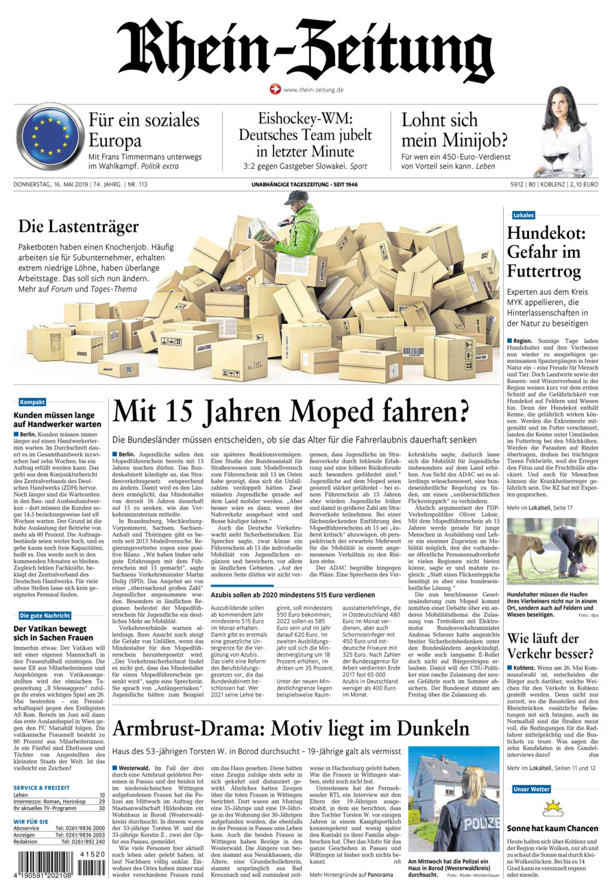 Rhein-Zeitung Koblenz & Region vom Donnerstag, 16.05.2019