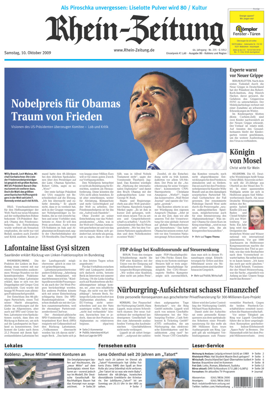Rhein-Zeitung Koblenz & Region vom Samstag, 10.10.2009