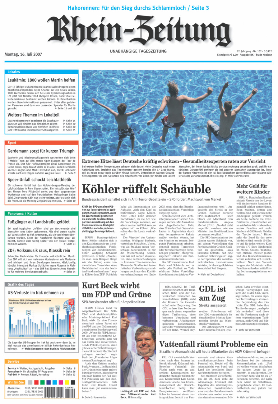 Rhein-Zeitung Koblenz & Region vom Montag, 16.07.2007