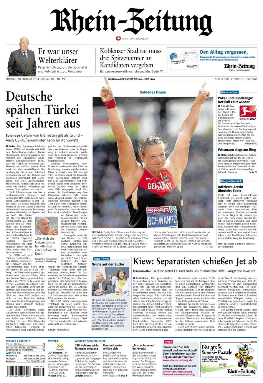 Rhein-Zeitung Koblenz & Region vom Montag, 18.08.2014