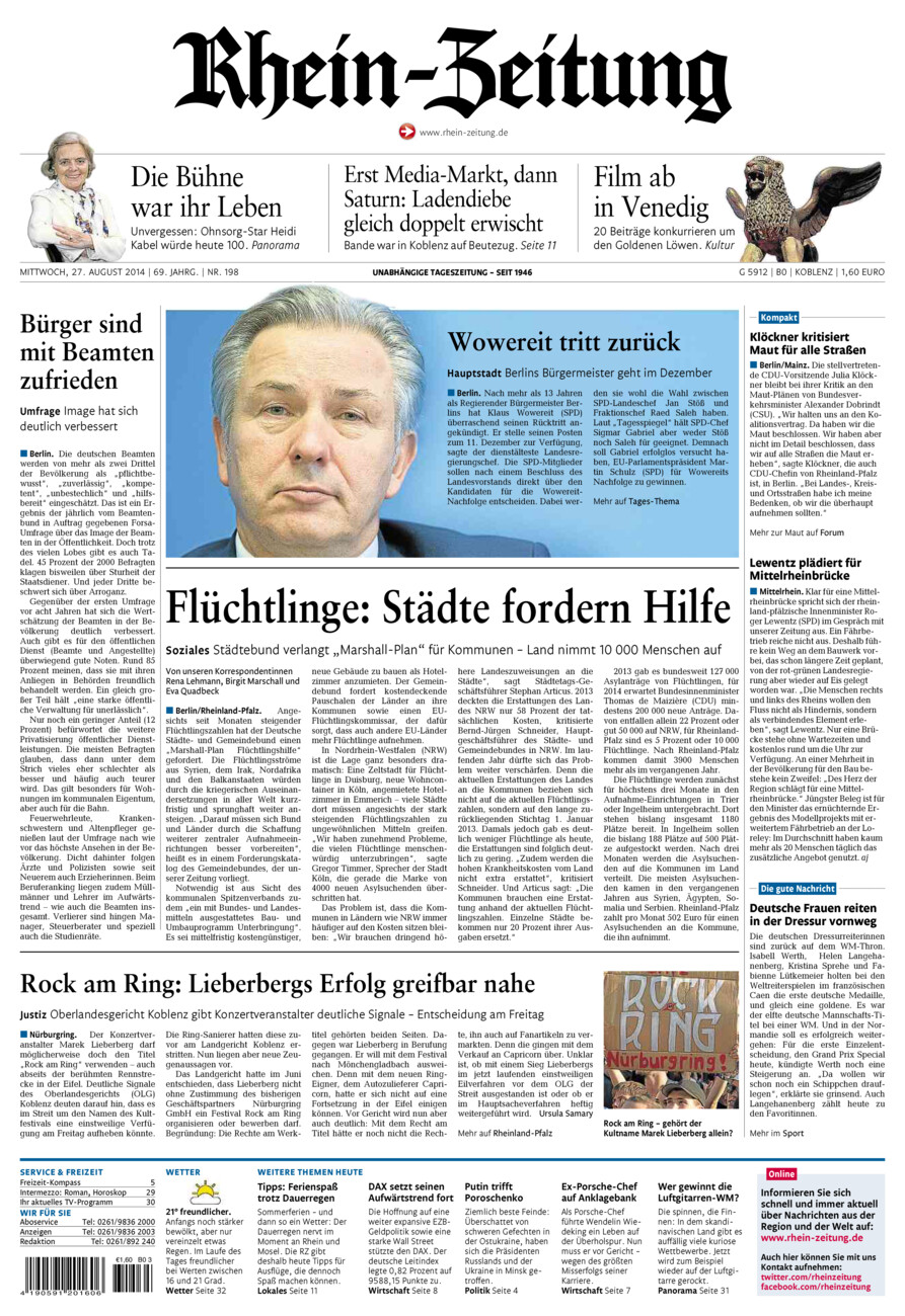 Rhein-Zeitung Koblenz & Region vom Mittwoch, 27.08.2014
