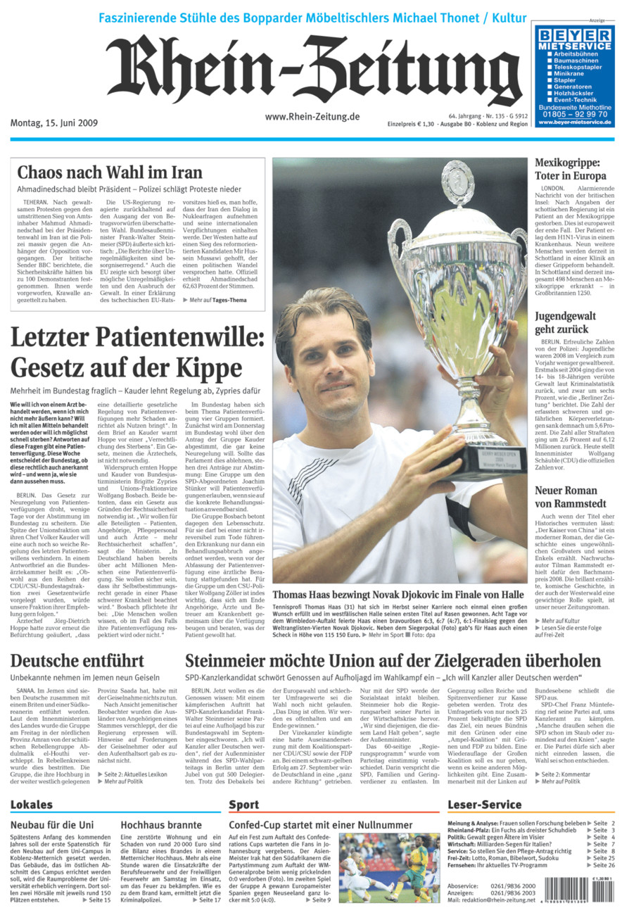 Rhein-Zeitung Koblenz & Region vom Montag, 15.06.2009