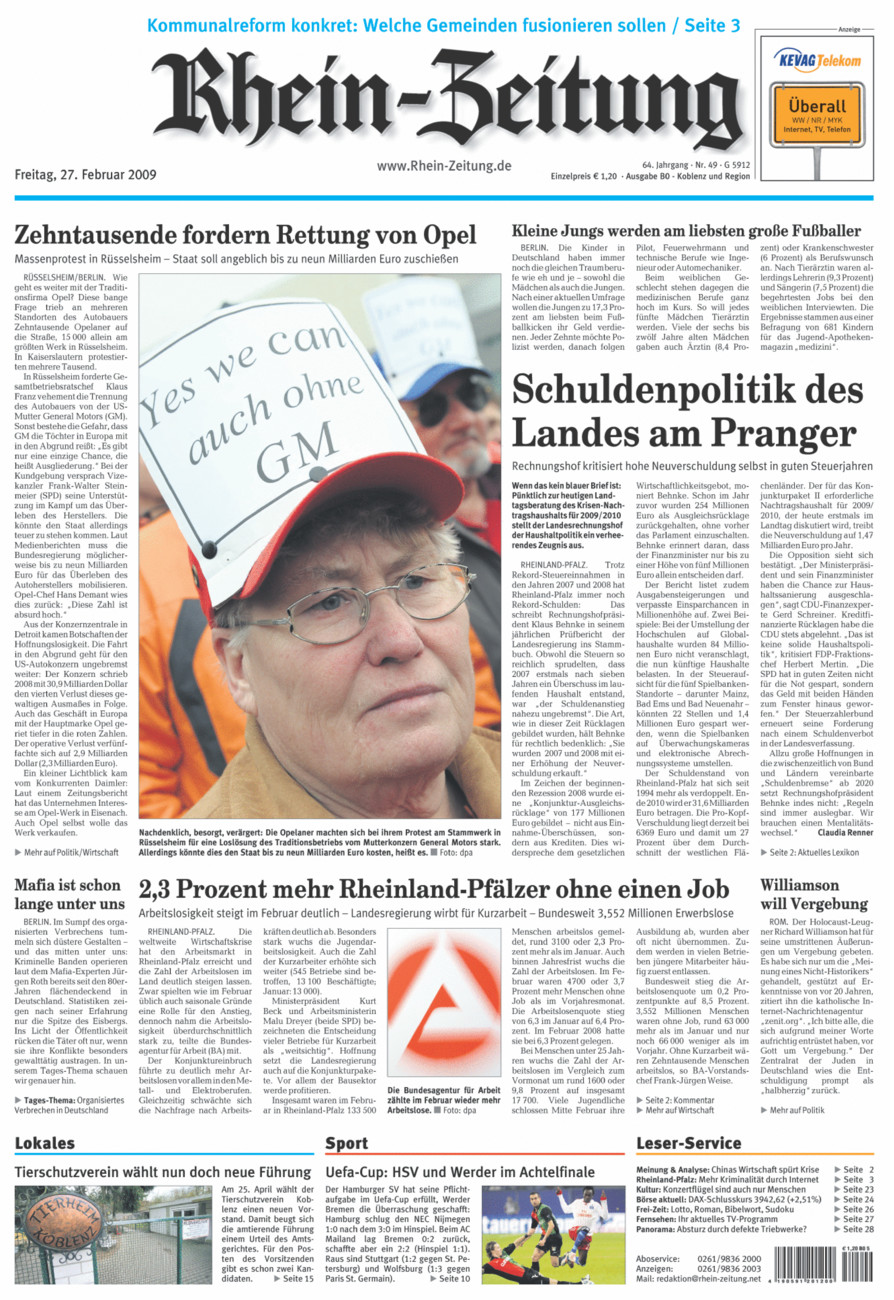 Rhein-Zeitung Koblenz & Region vom Freitag, 27.02.2009