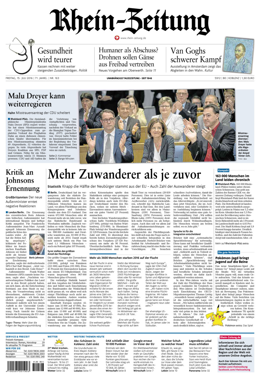 Rhein-Zeitung Koblenz & Region vom Freitag, 15.07.2016