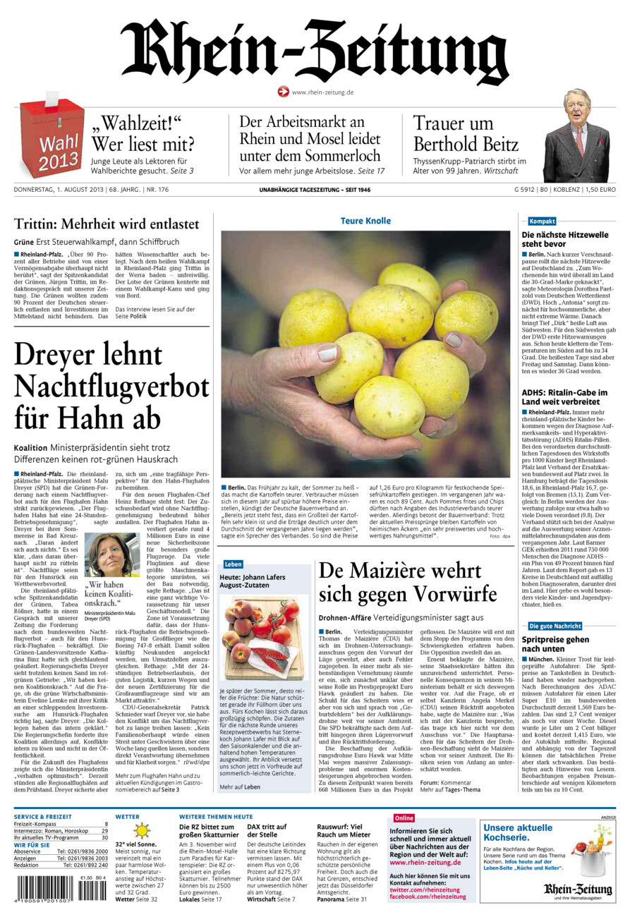 Rhein-Zeitung Koblenz & Region vom Donnerstag, 01.08.2013