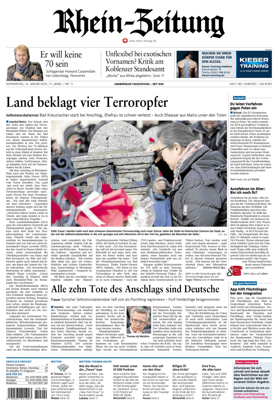 Rhein-Zeitung Koblenz & Region vom Donnerstag, 14.01.2016