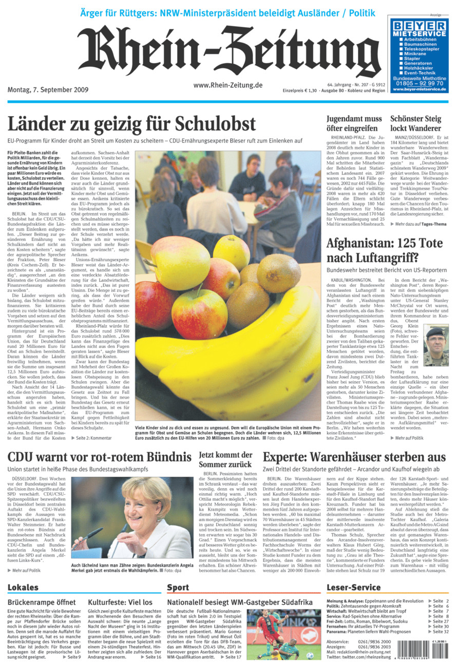 Rhein-Zeitung Koblenz & Region vom Montag, 07.09.2009