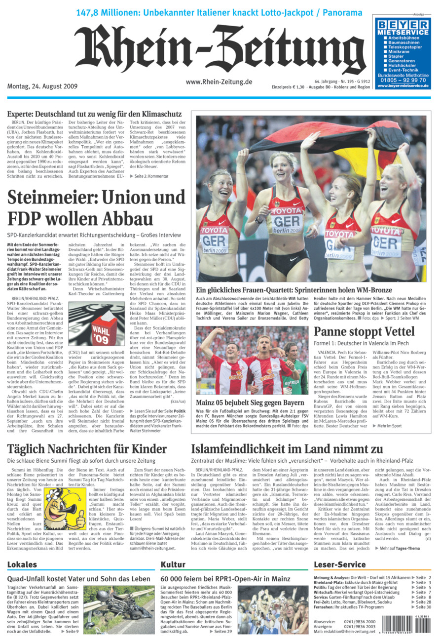 Rhein-Zeitung Koblenz & Region vom Montag, 24.08.2009