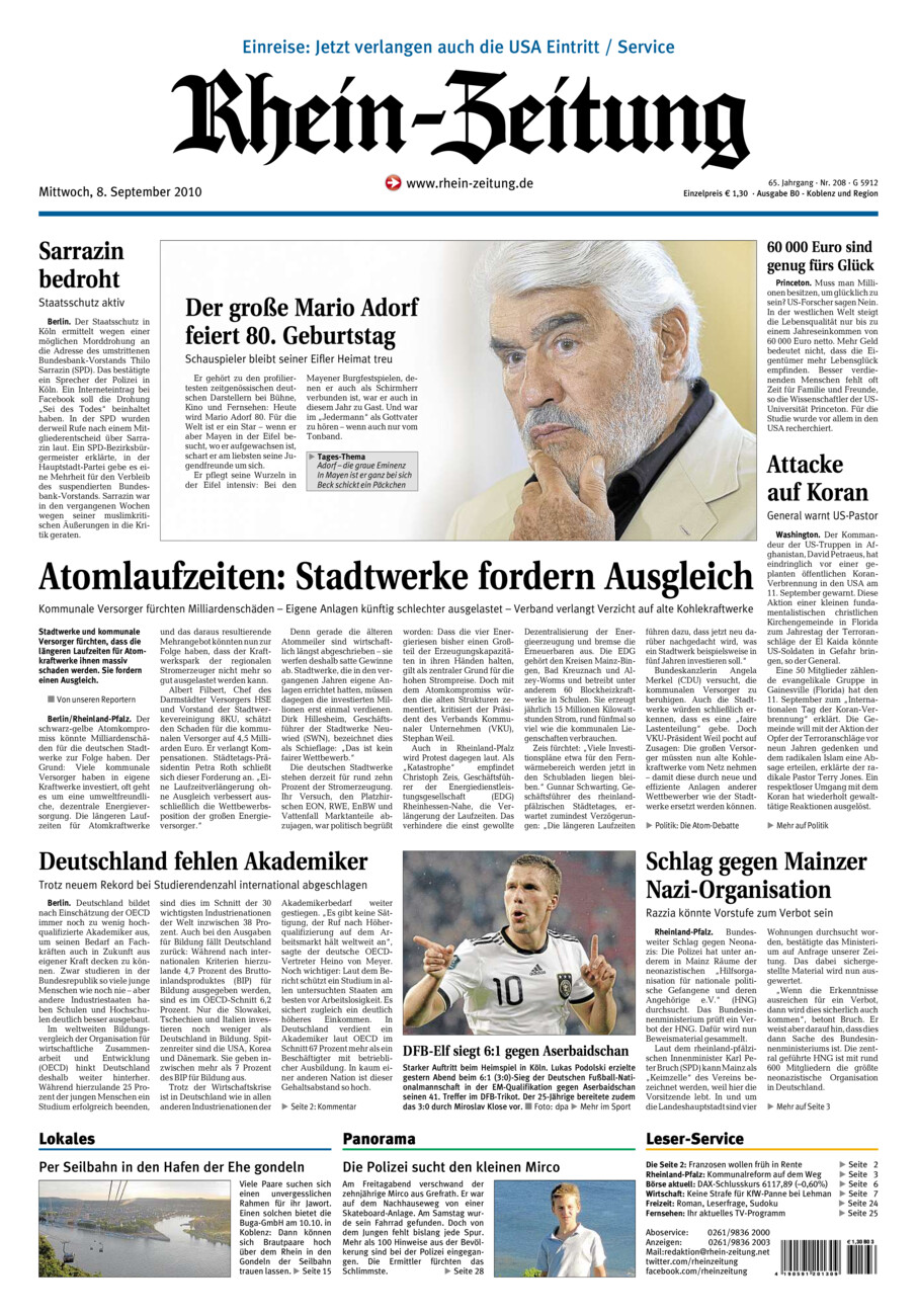 Rhein-Zeitung Koblenz & Region vom Mittwoch, 08.09.2010