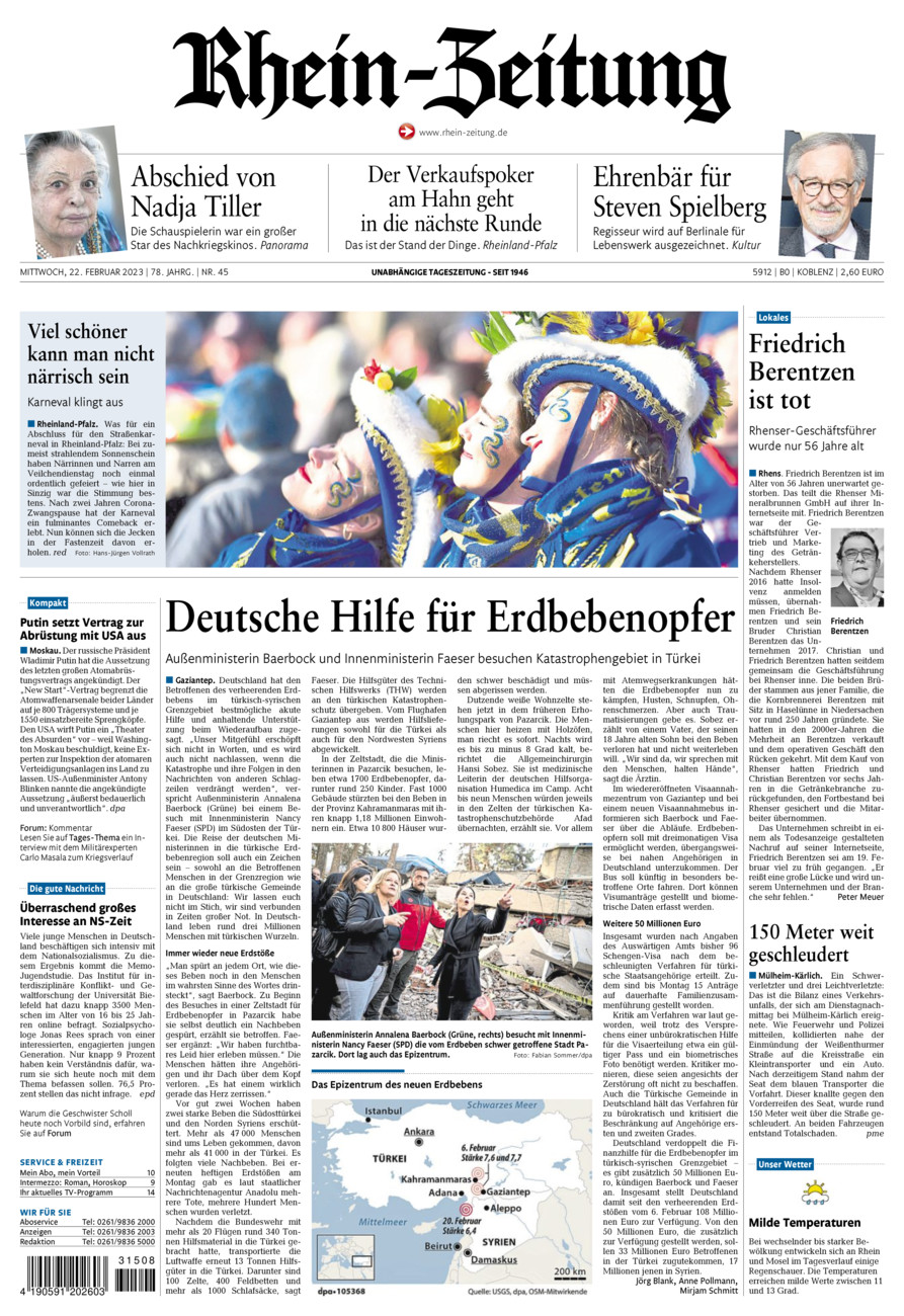 Rhein-Zeitung Koblenz & Region vom Mittwoch, 22.02.2023