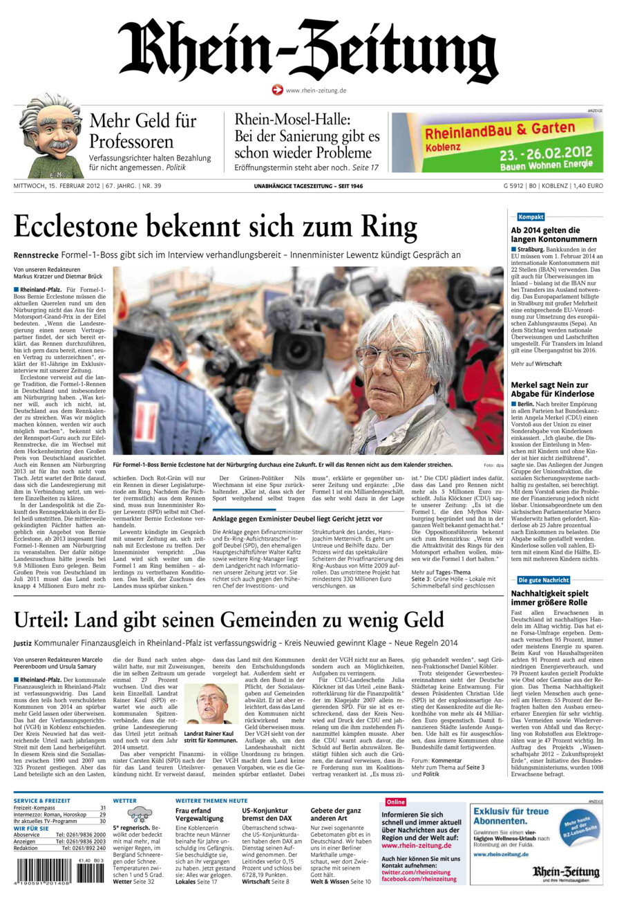 Rhein-Zeitung Koblenz & Region vom Mittwoch, 15.02.2012