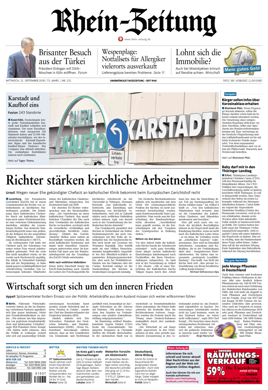 Rhein-Zeitung Koblenz & Region vom Mittwoch, 12.09.2018