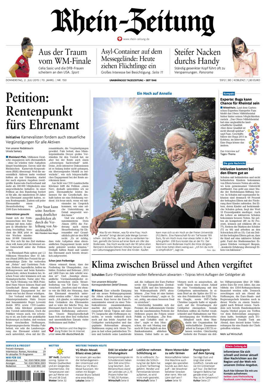 Rhein-Zeitung Koblenz & Region vom Donnerstag, 02.07.2015