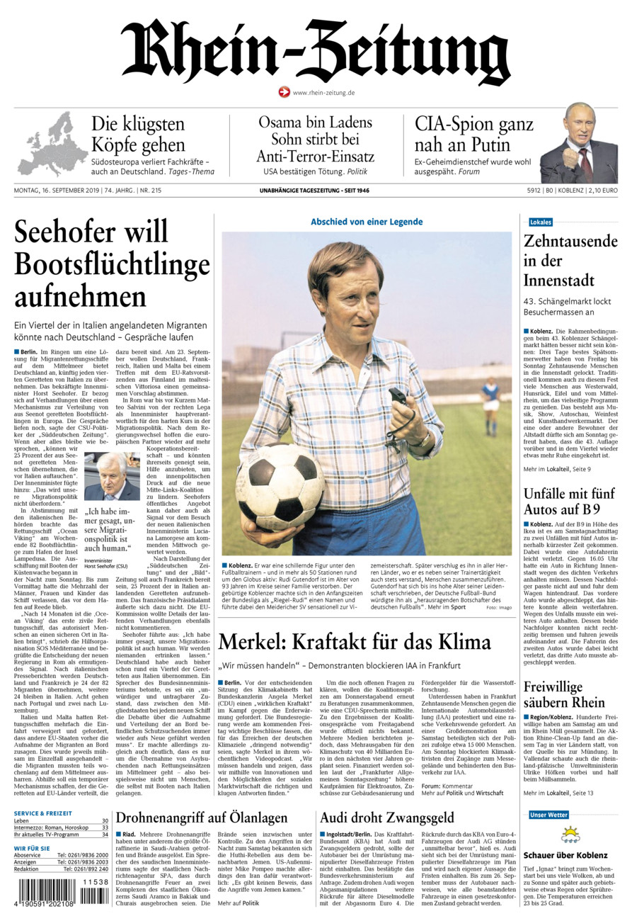 Rhein-Zeitung Koblenz & Region vom Montag, 16.09.2019