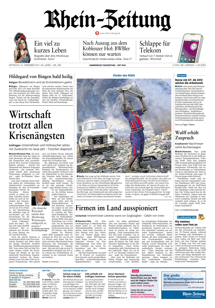 Rhein-Zeitung Koblenz & Region vom Mittwoch, 21.12.2011