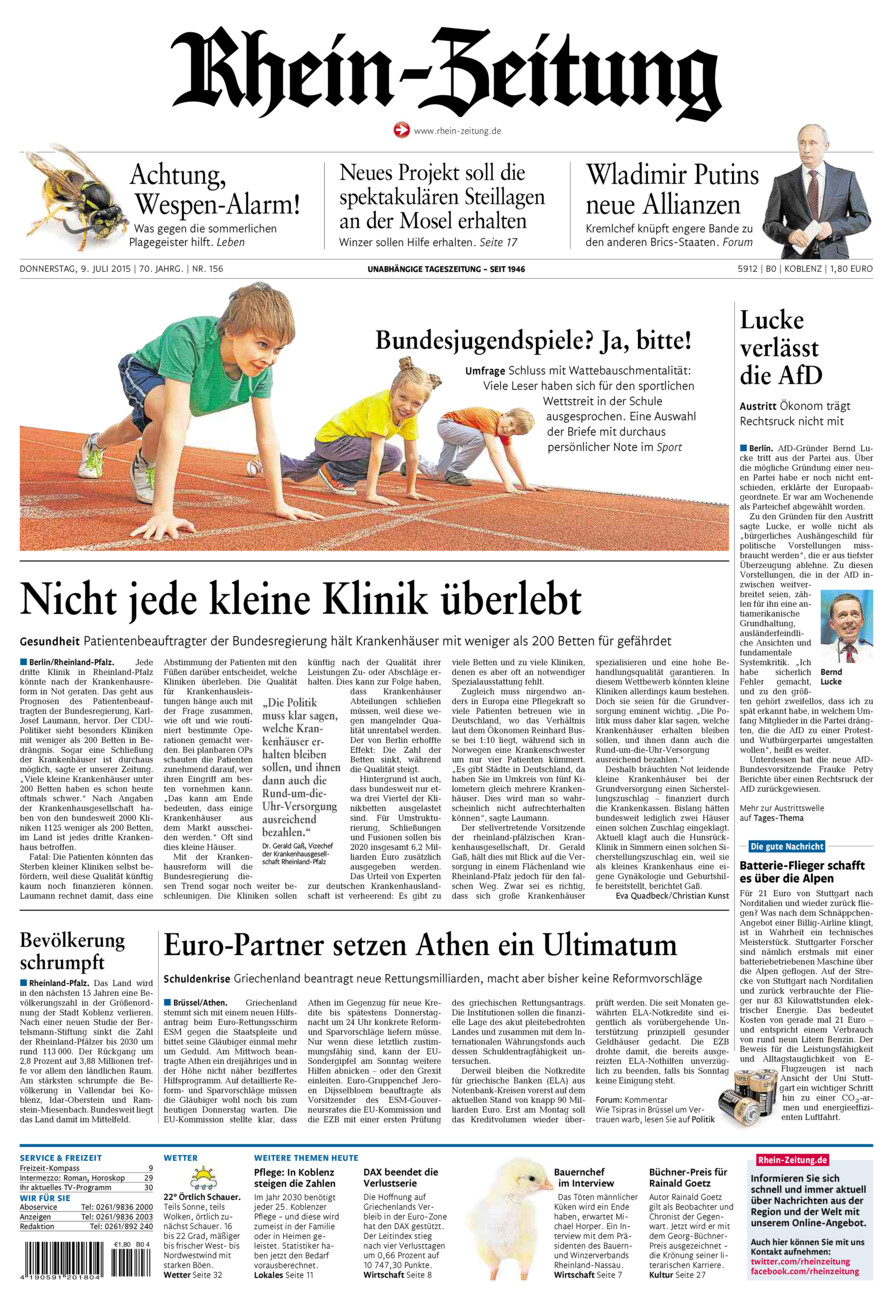 Rhein-Zeitung Koblenz & Region vom Donnerstag, 09.07.2015