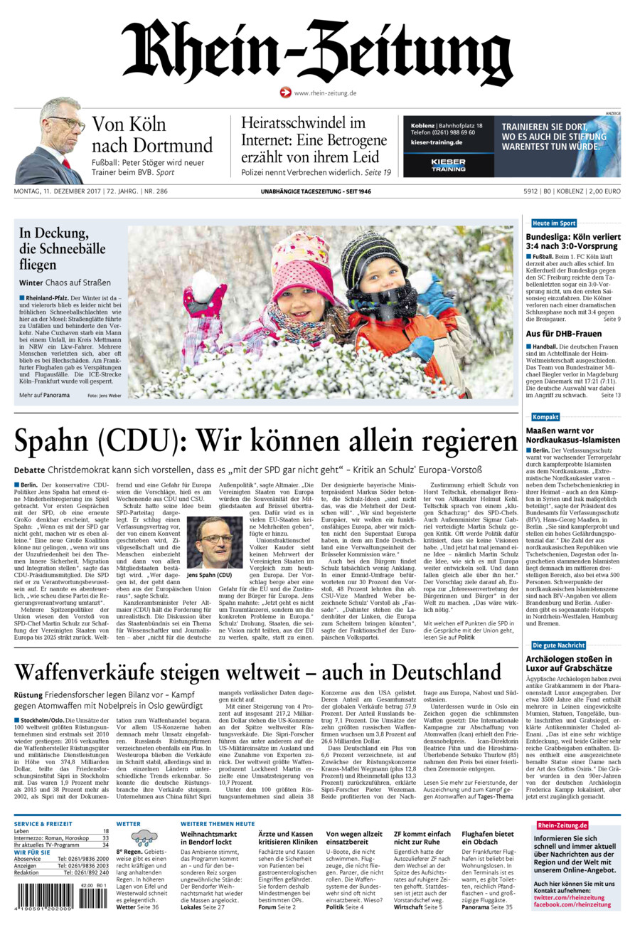 Rhein-Zeitung Koblenz & Region vom Montag, 11.12.2017