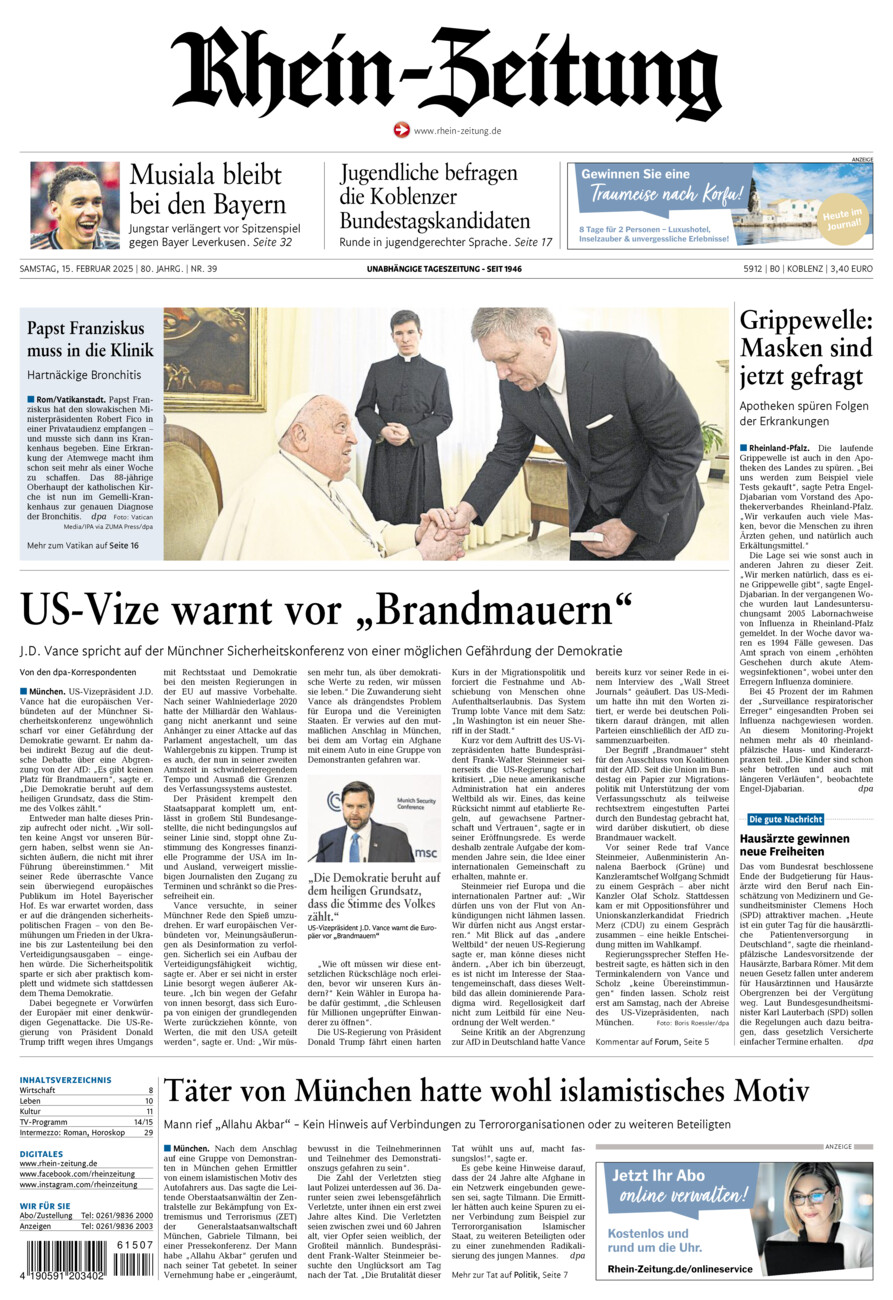 Rhein-Zeitung Koblenz & Region vom Samstag, 15.02.2025