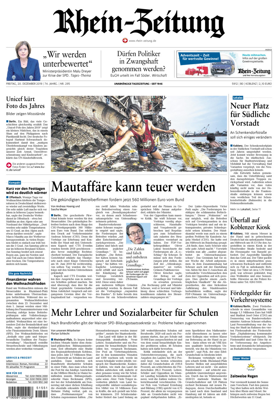 Rhein-Zeitung Koblenz & Region vom Freitag, 20.12.2019