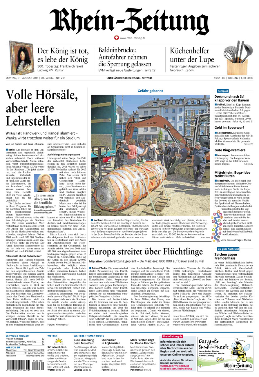 Rhein-Zeitung Koblenz & Region vom Montag, 31.08.2015