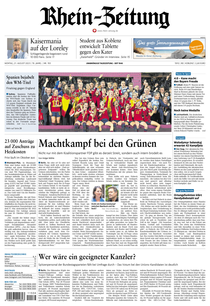 Rhein-Zeitung Koblenz & Region vom Montag, 21.08.2023