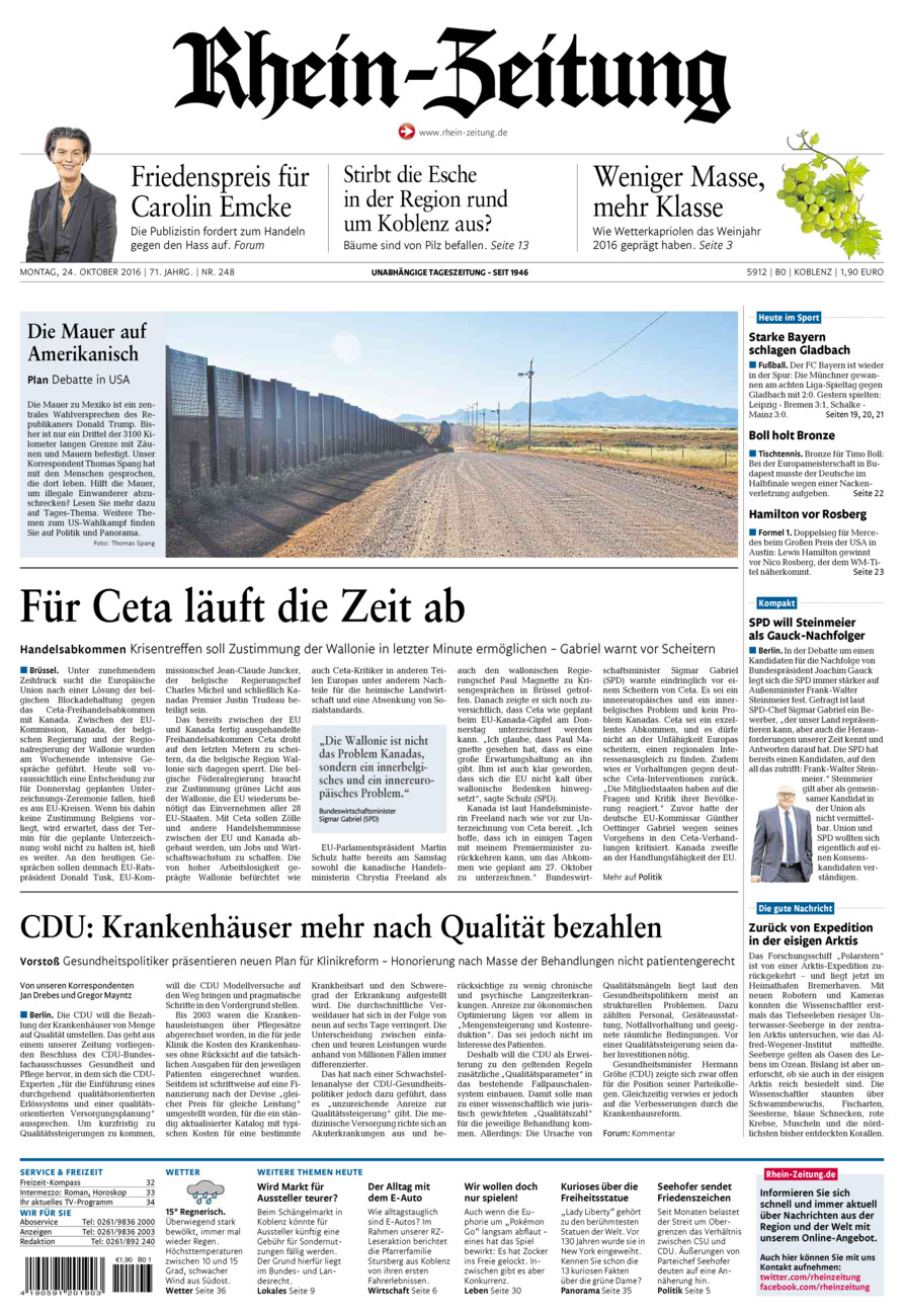 Rhein-Zeitung Koblenz & Region vom Montag, 24.10.2016