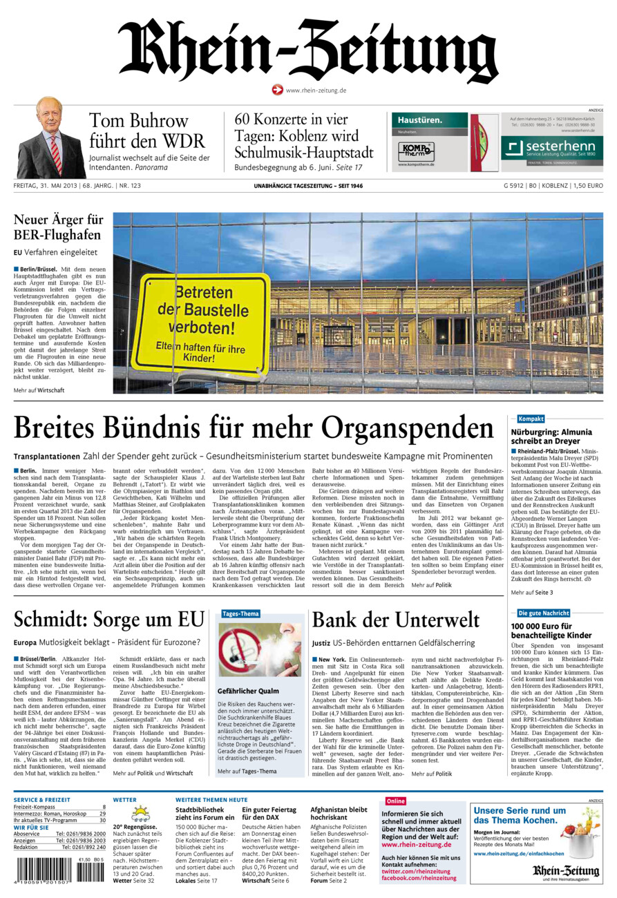 Rhein-Zeitung Koblenz & Region vom Freitag, 31.05.2013