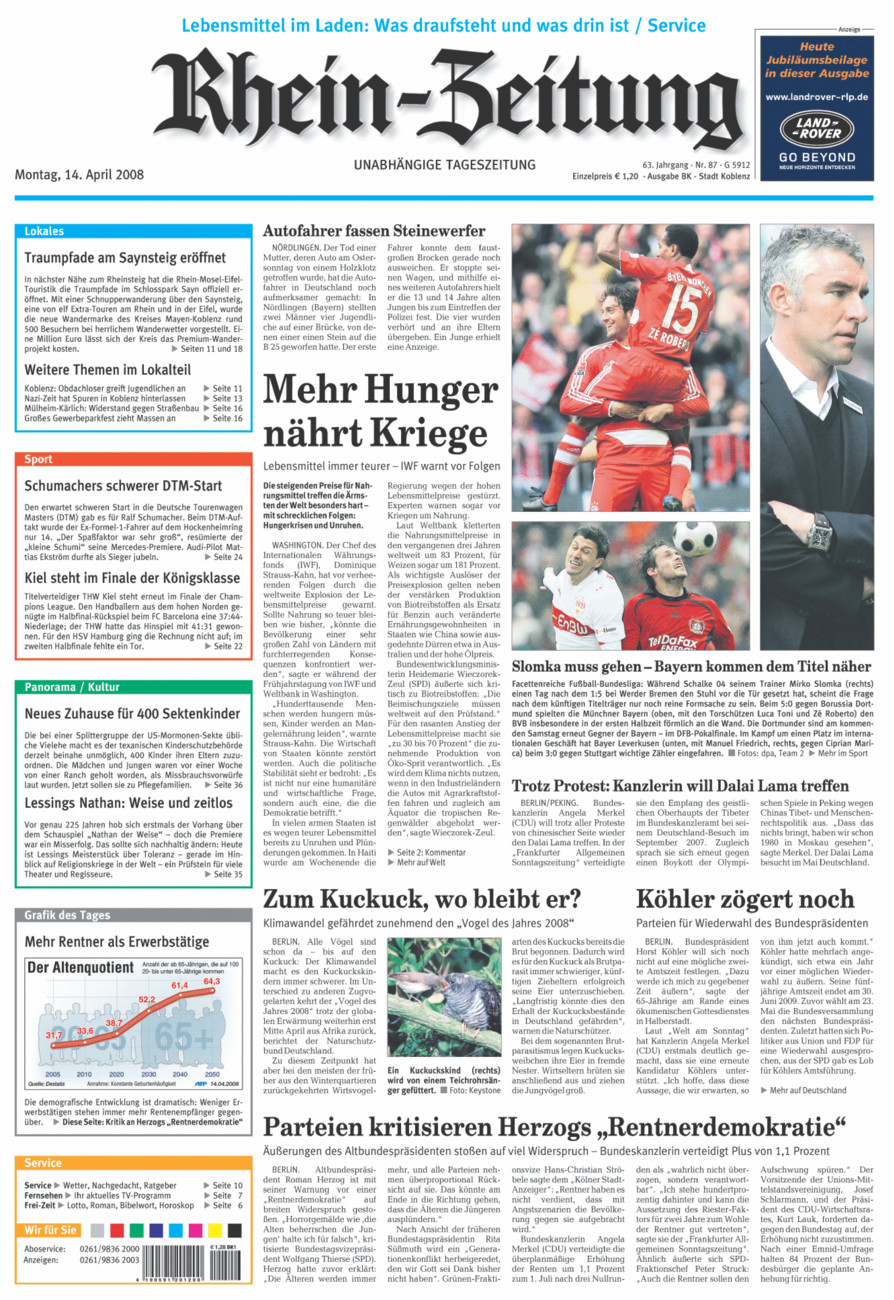 Rhein-Zeitung Koblenz & Region vom Montag, 14.04.2008