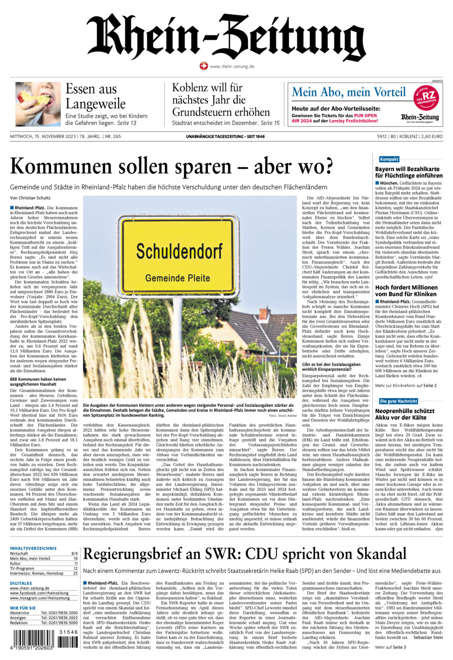 Rhein-Zeitung Koblenz & Region vom Mittwoch, 15.11.2023
