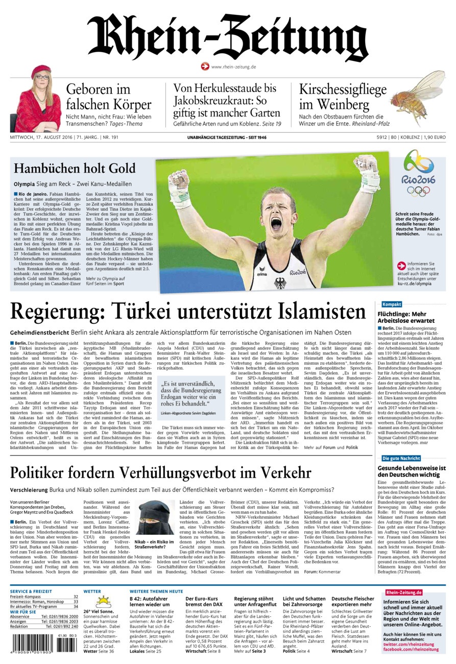 Rhein-Zeitung Koblenz & Region vom Mittwoch, 17.08.2016