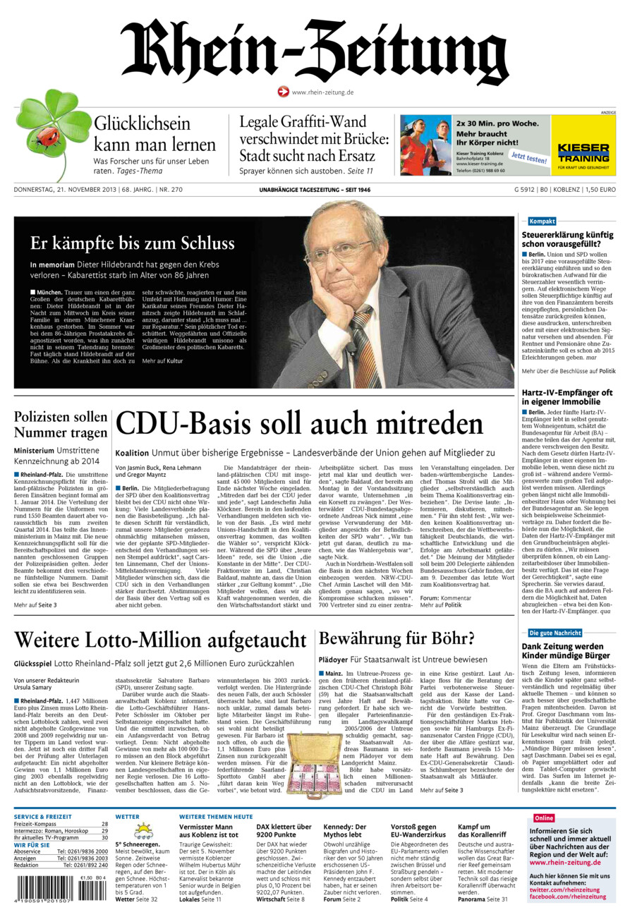 Rhein-Zeitung Koblenz & Region vom Donnerstag, 21.11.2013