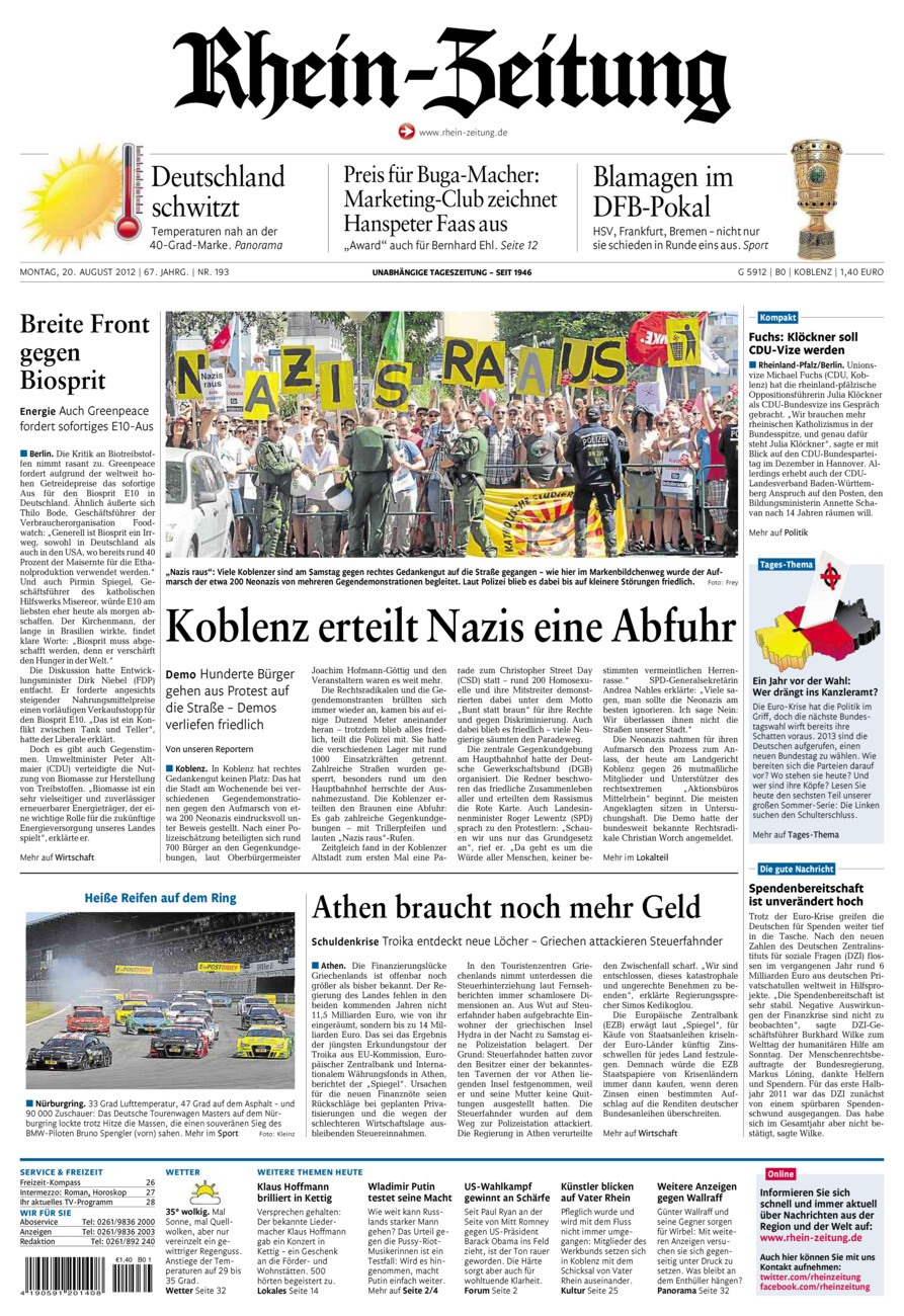 Rhein-Zeitung Koblenz & Region vom Montag, 20.08.2012