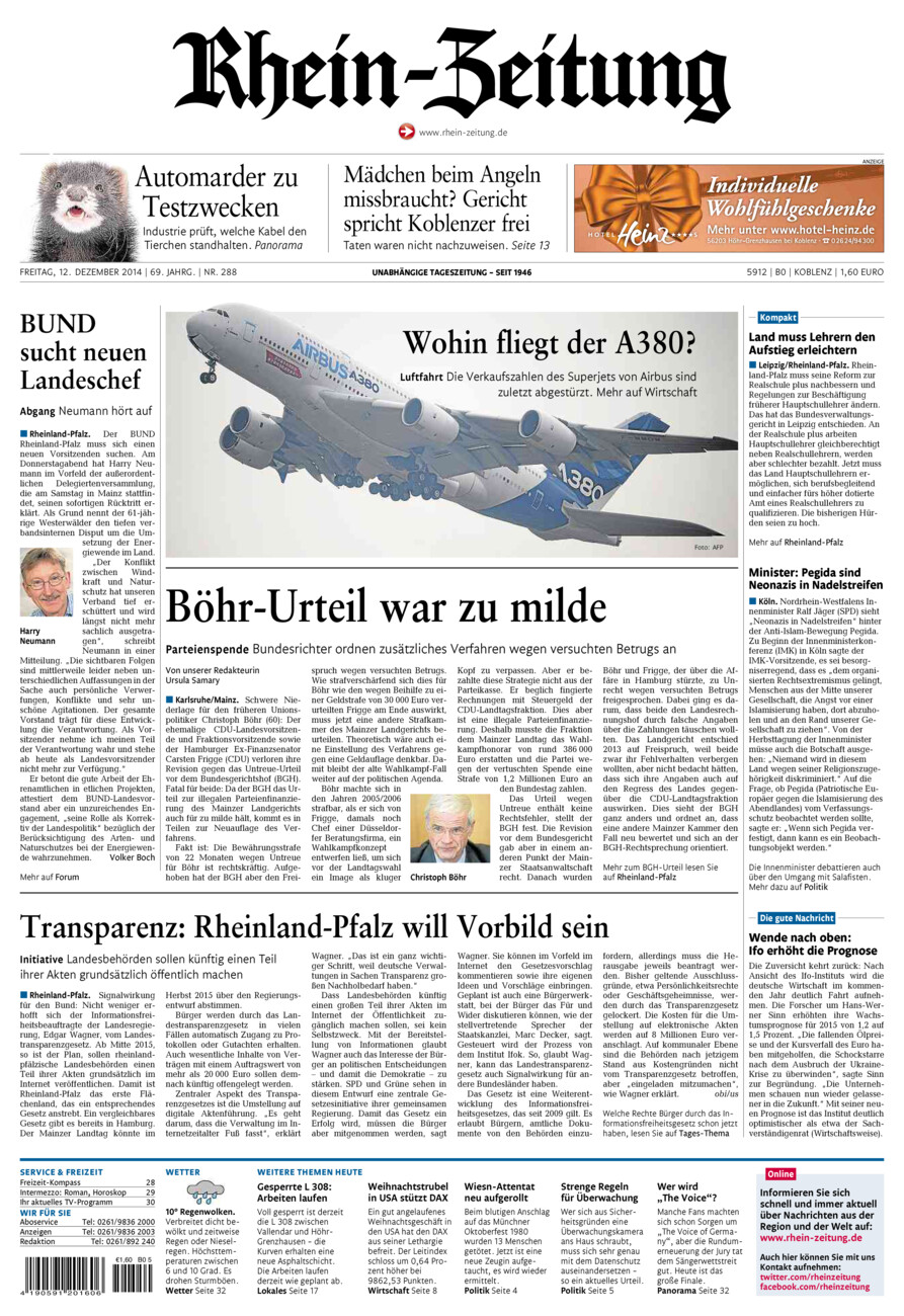 Rhein-Zeitung Koblenz & Region vom Freitag, 12.12.2014