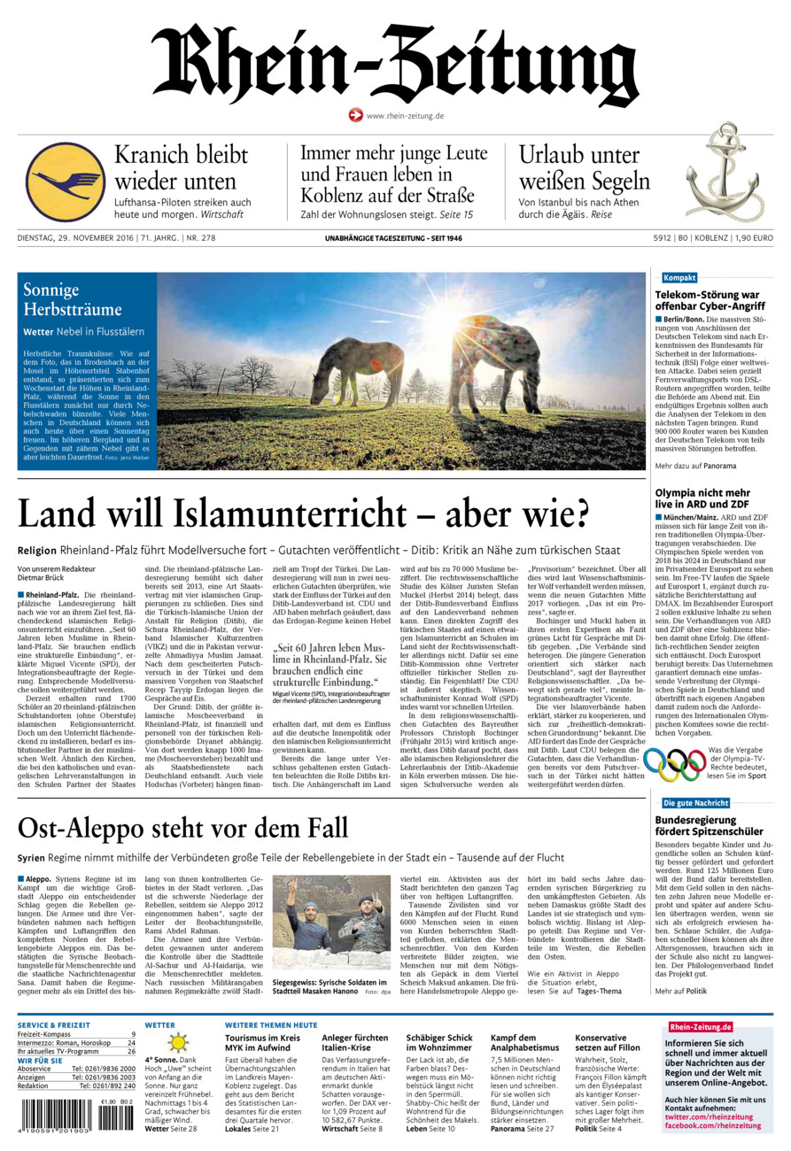 Rhein-Zeitung Koblenz & Region vom Dienstag, 29.11.2016