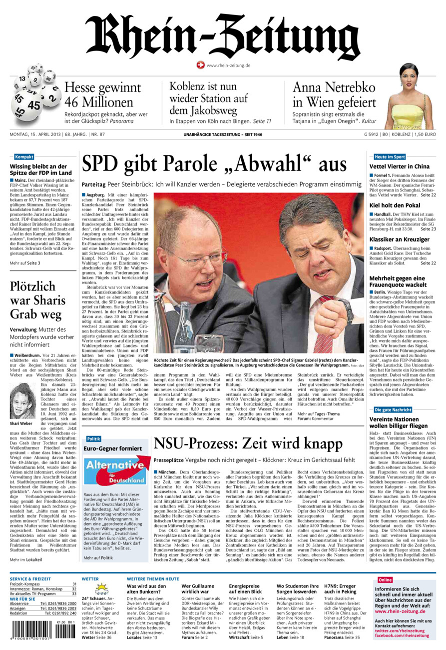 Rhein-Zeitung Koblenz & Region vom Montag, 15.04.2013