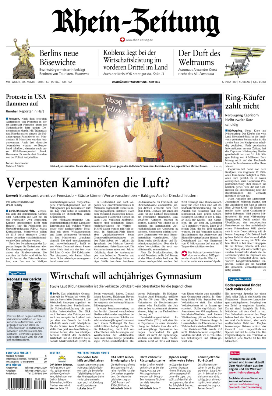 Rhein-Zeitung Koblenz & Region vom Mittwoch, 20.08.2014